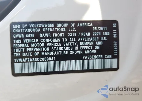 2012 Volkswagen Passat S from USA, damaged, VIN 1VWAP7A33CC009941